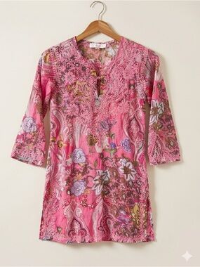 Amaya Pink Paisley Floral Embroidered Cotton Tunic Top Boho